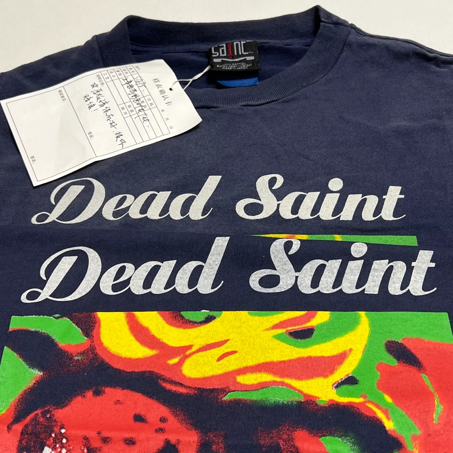 Printing proofing comparison SAINT Mxxxxxx DEAD SAINT SS TEE/NAVY DEAD SAINT printed short sleeves God's punishment TEE Washed blue S-XL Genuine consistent tube weaving without side seams High weight OE yarn fabric Assute dyeing Multiple horse fades Heavy wash water Worn holes Original consistent main mark/wash mark/little angel anti-counterfeiting mark